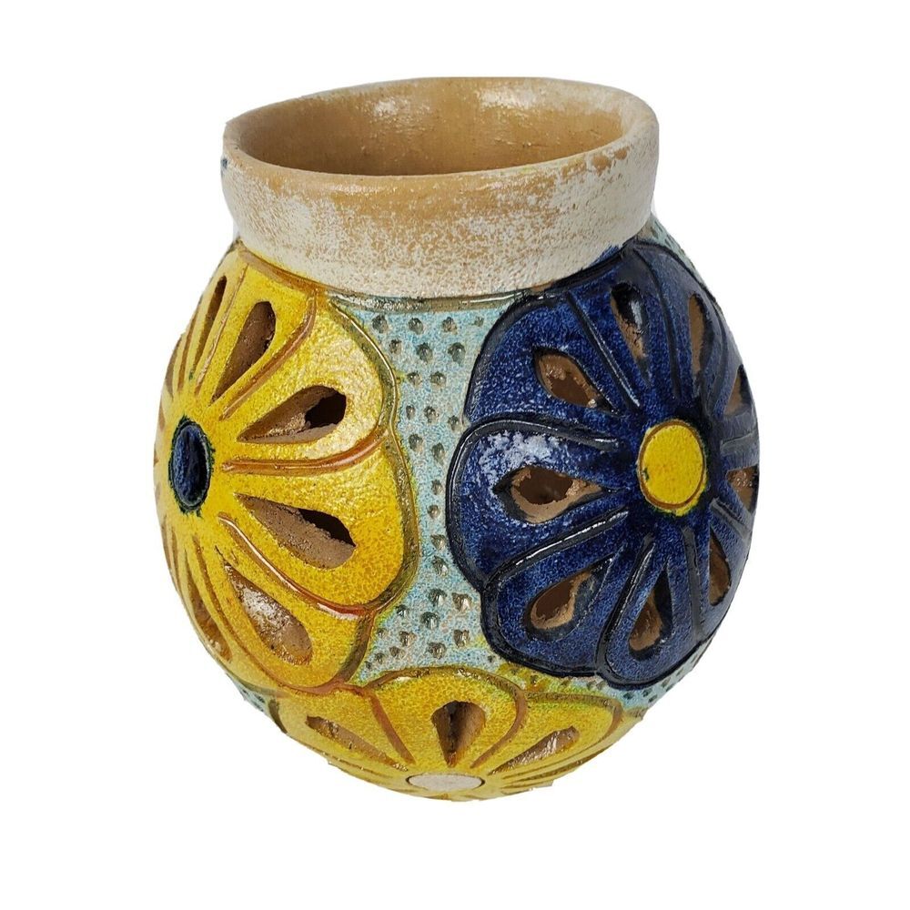 Hand Painted Art‎ Pottery Vase Yellow Cut Out Floral Design 6" Signed